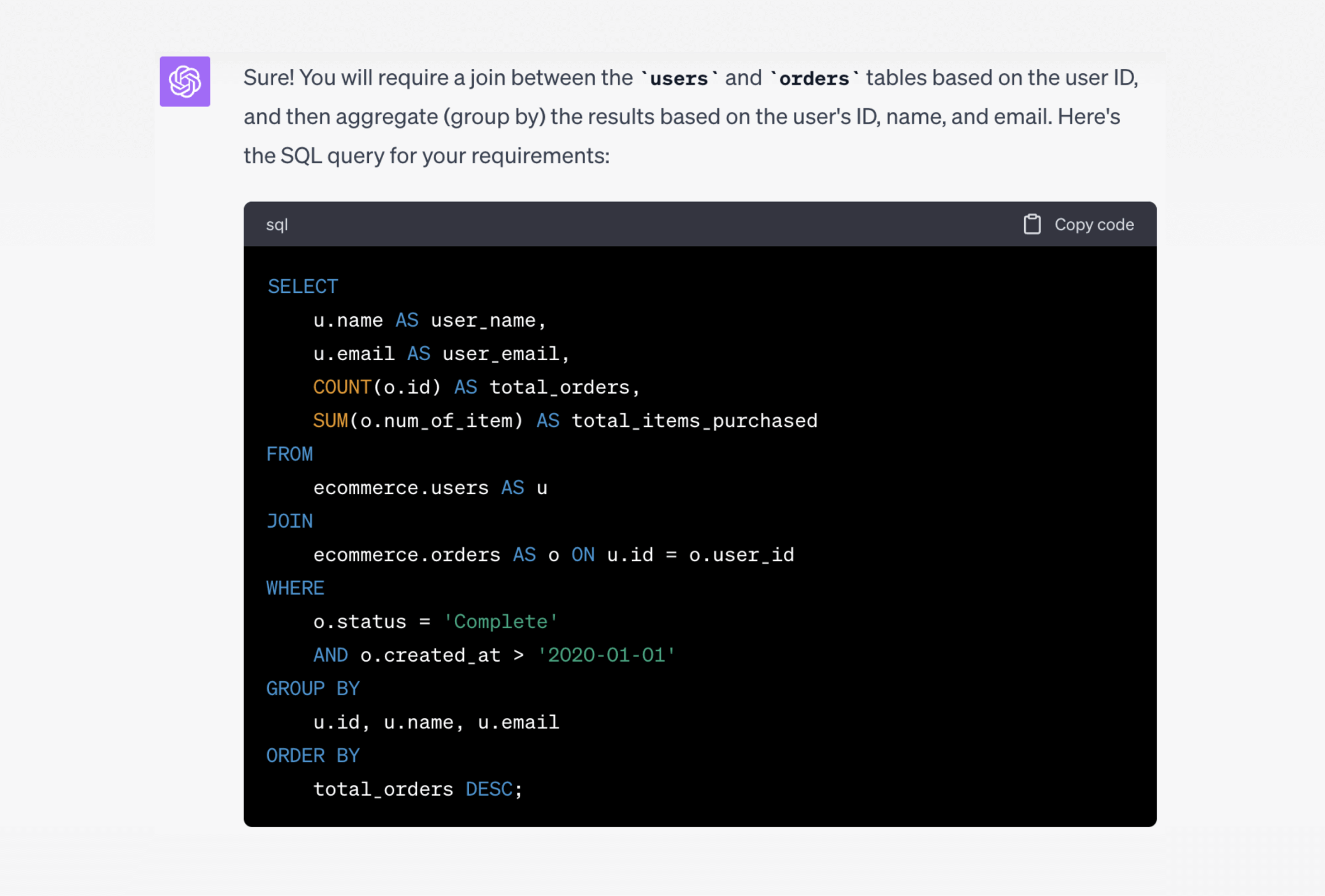 Asking AI to write SQL joins and SQL aggregations