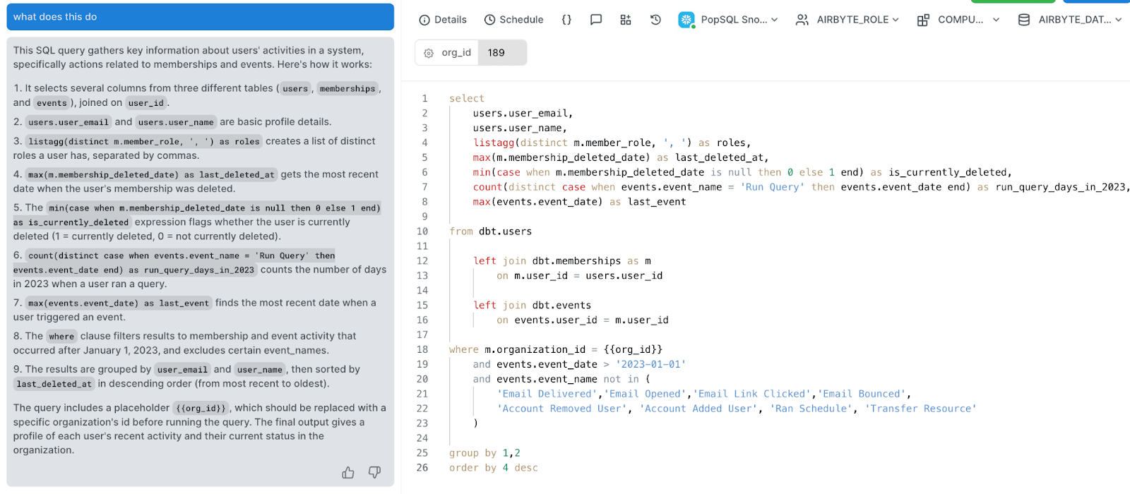 PopSQL title and description query auto-generator